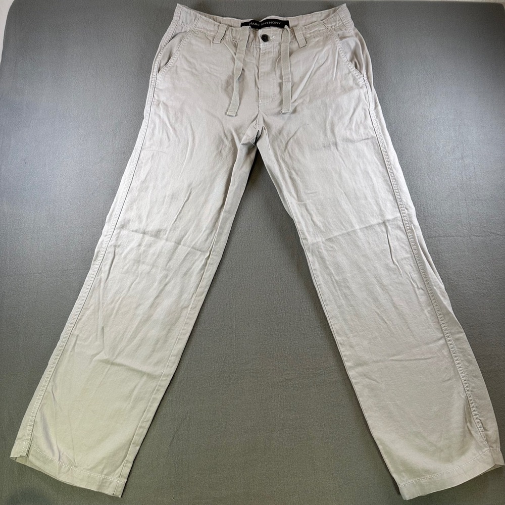 Marc Anthony Mens 34x33 Linen Blend Drawstring Pants Beige Khaki Straight Leg